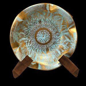 Vintage Stangl Pottery Bowl 22KT Antique Gold Blue Hand Painted Wavy 4061 USA